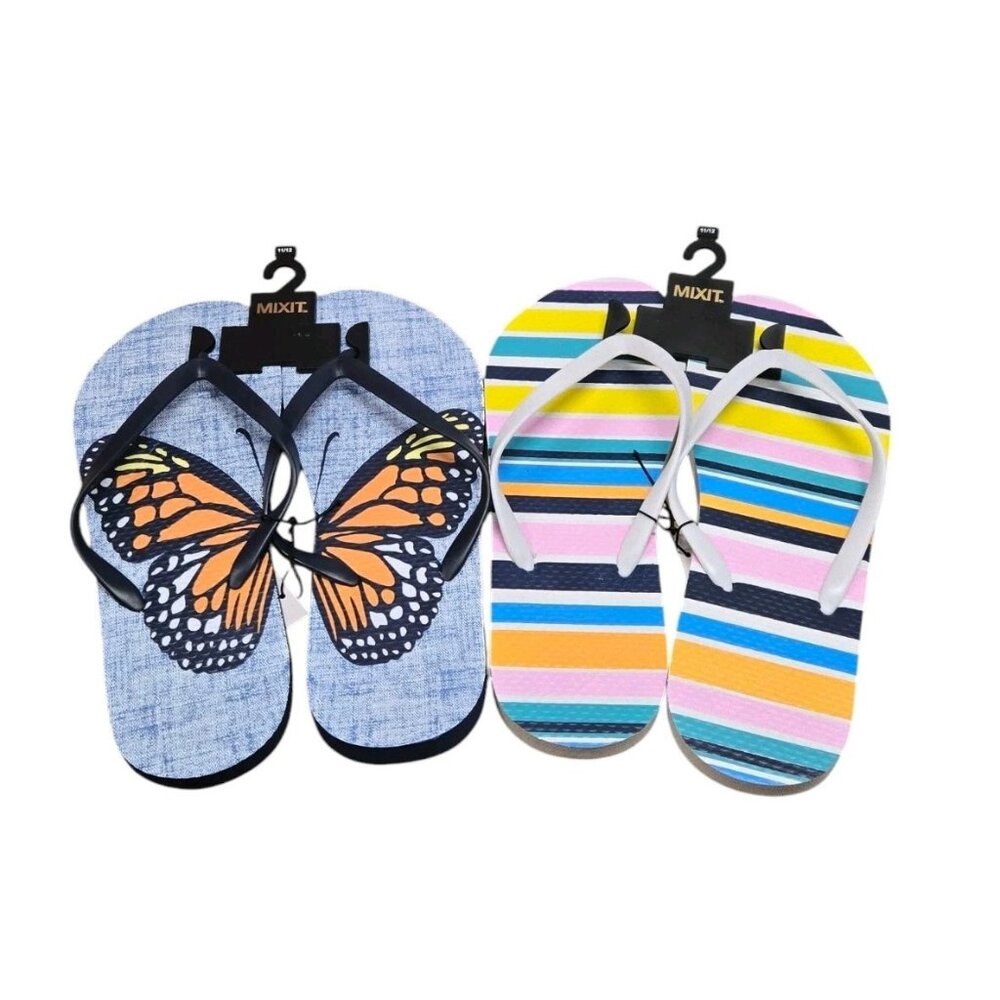 Lot Of 2 Pairs Mixit Flip Flops Womens Size 11/12 Blue Butterfly Multi Stripe
